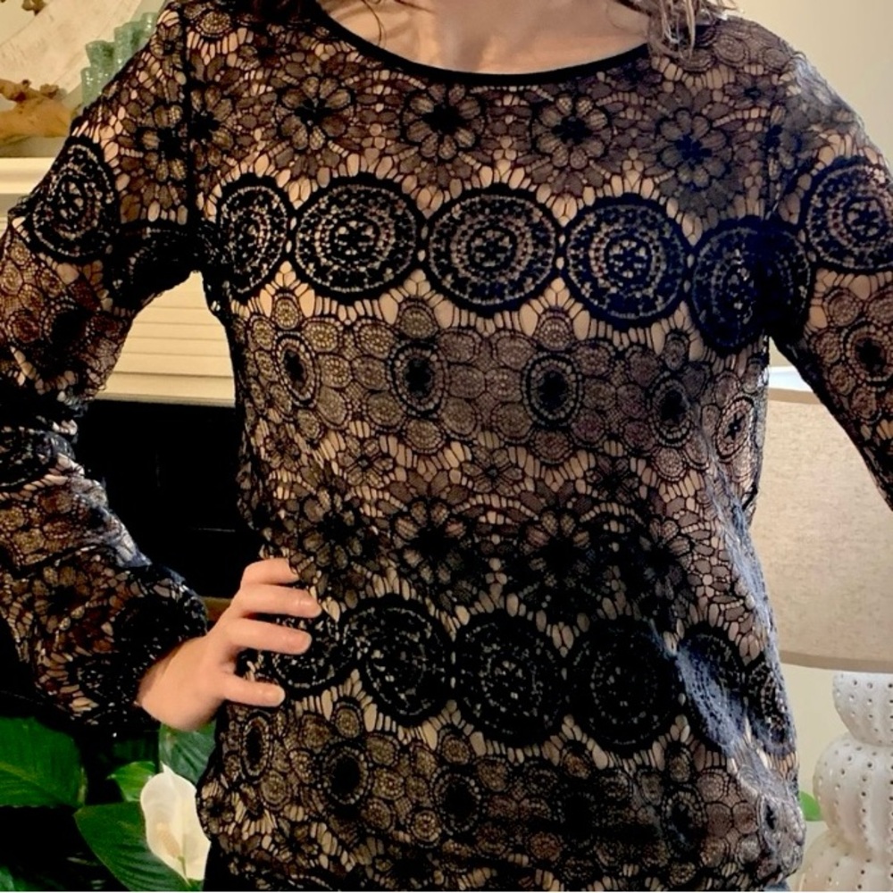 Max Studio Specialties Formal Holiday Black Lace Nude Long Sleeve Top